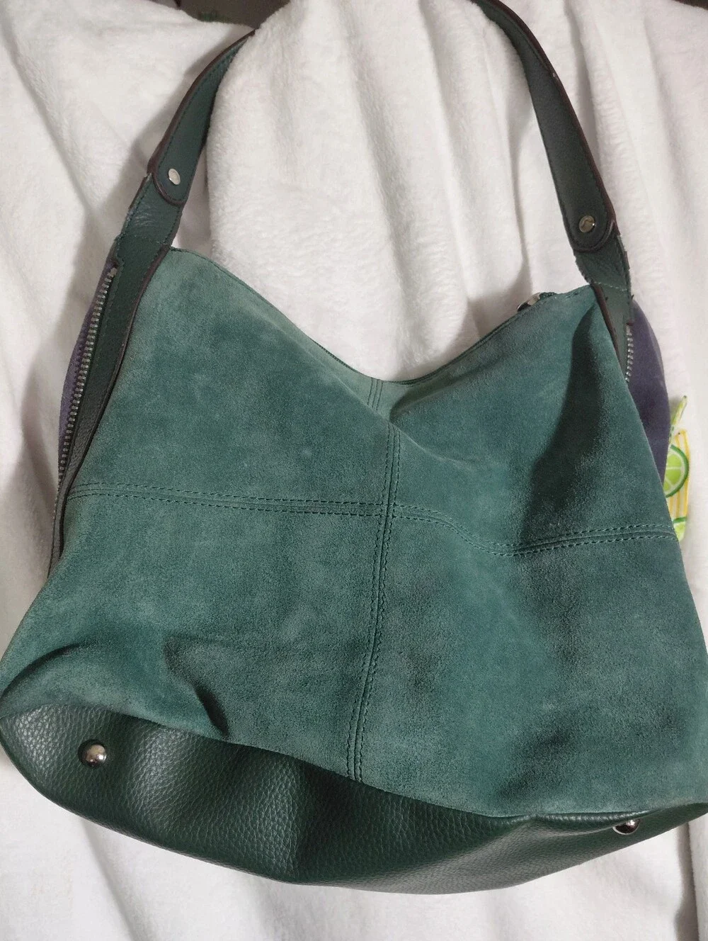 Tignanello Green Suede Shoulder Bag Zipper Sides to Expand